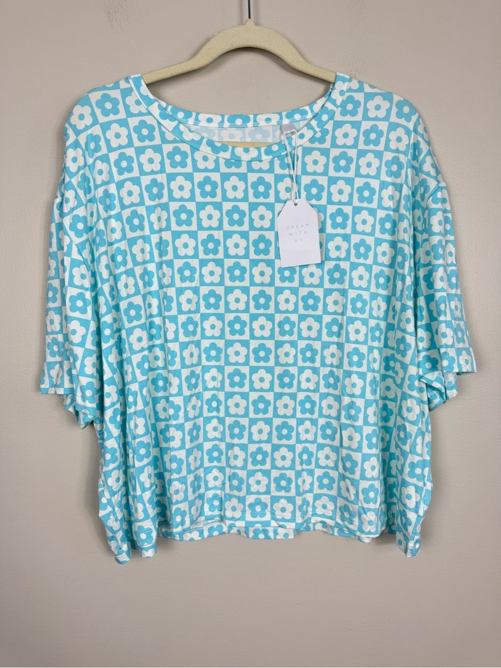 Silks Pajama Top Womens XXL Bamboo Blue White Checkered Floral Boho Hippie NWT